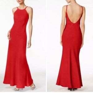 CALVIN KLEIN Halter Neck Size 4 Red Crepe Floor Length Maxi Gown Prom Dress